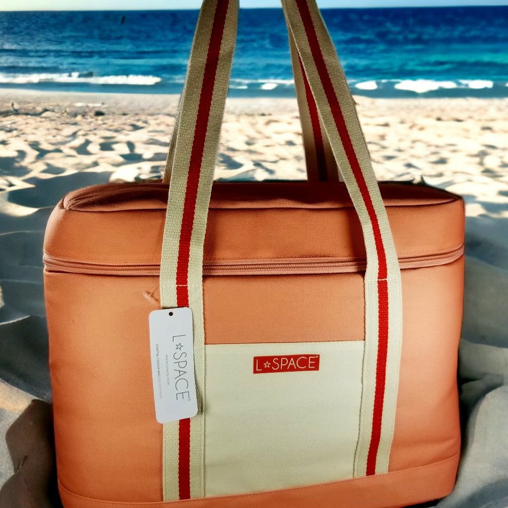 L*SPACE Coastal Cooler Bag NWT Pink Coral Insulated Beach Picnic Tote Red Stripe